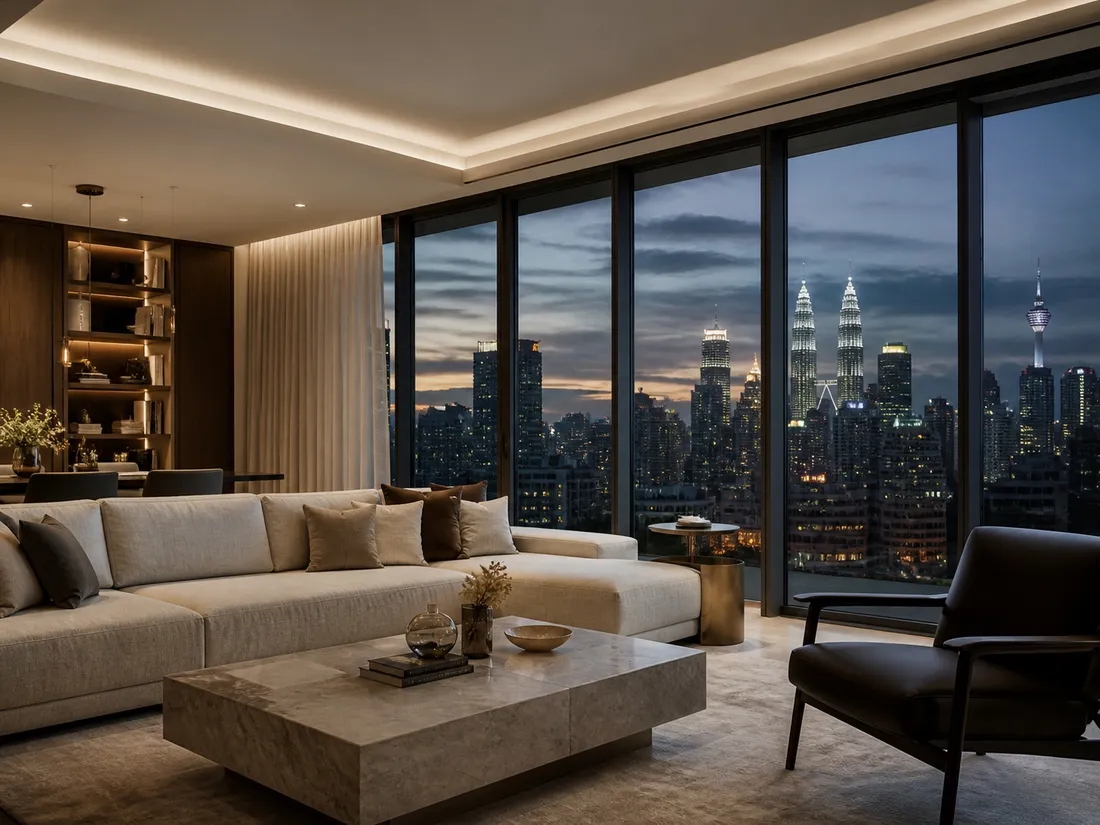 A living room with floor-to-ceiling glazing overlooking the Petronas Towers at dusk.