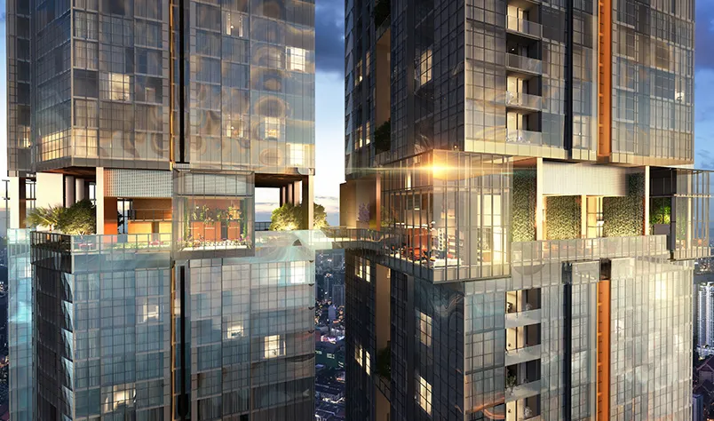 The two TRX Residences towers joined by a landscaped sky bridge.